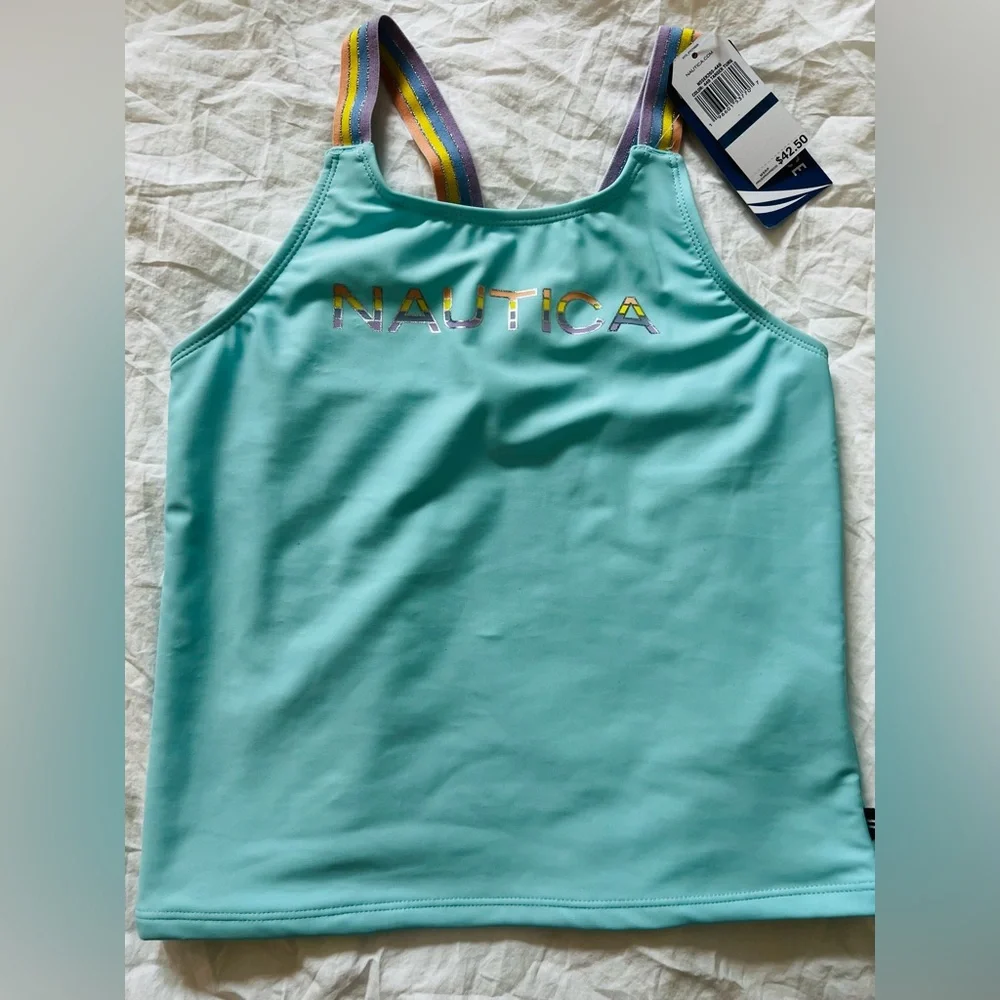 Nautica Girls' Two-piece‎ Swimsuit Set Aqua Blue with Rainbow Striped Straps XL